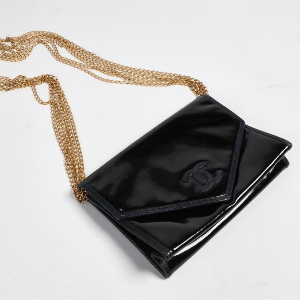 Vintage Rare Chanel Patent Leather Multi Gold Chain Envelope Crossbody Purse